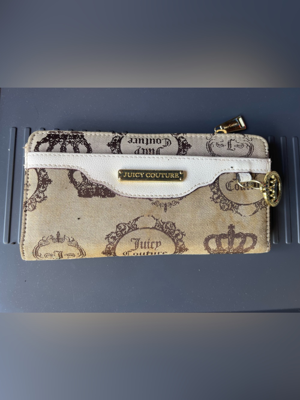 Juicy Couture Beige & Brown Logo Zip Wallet with White Trim